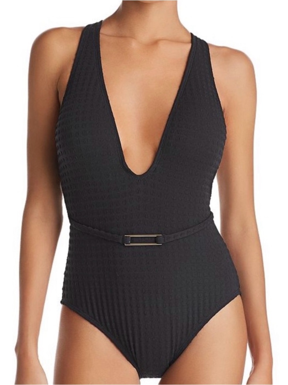 La Blanca Women's Belted Plunge Mio One Piece‎ Swimsuit in Black.